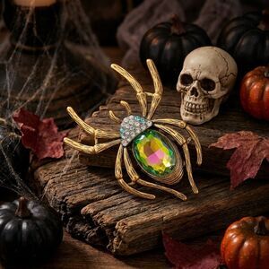 Gold Tone AB / IRIDESCENT Rhinestone Spider Brooch Halloween Pin